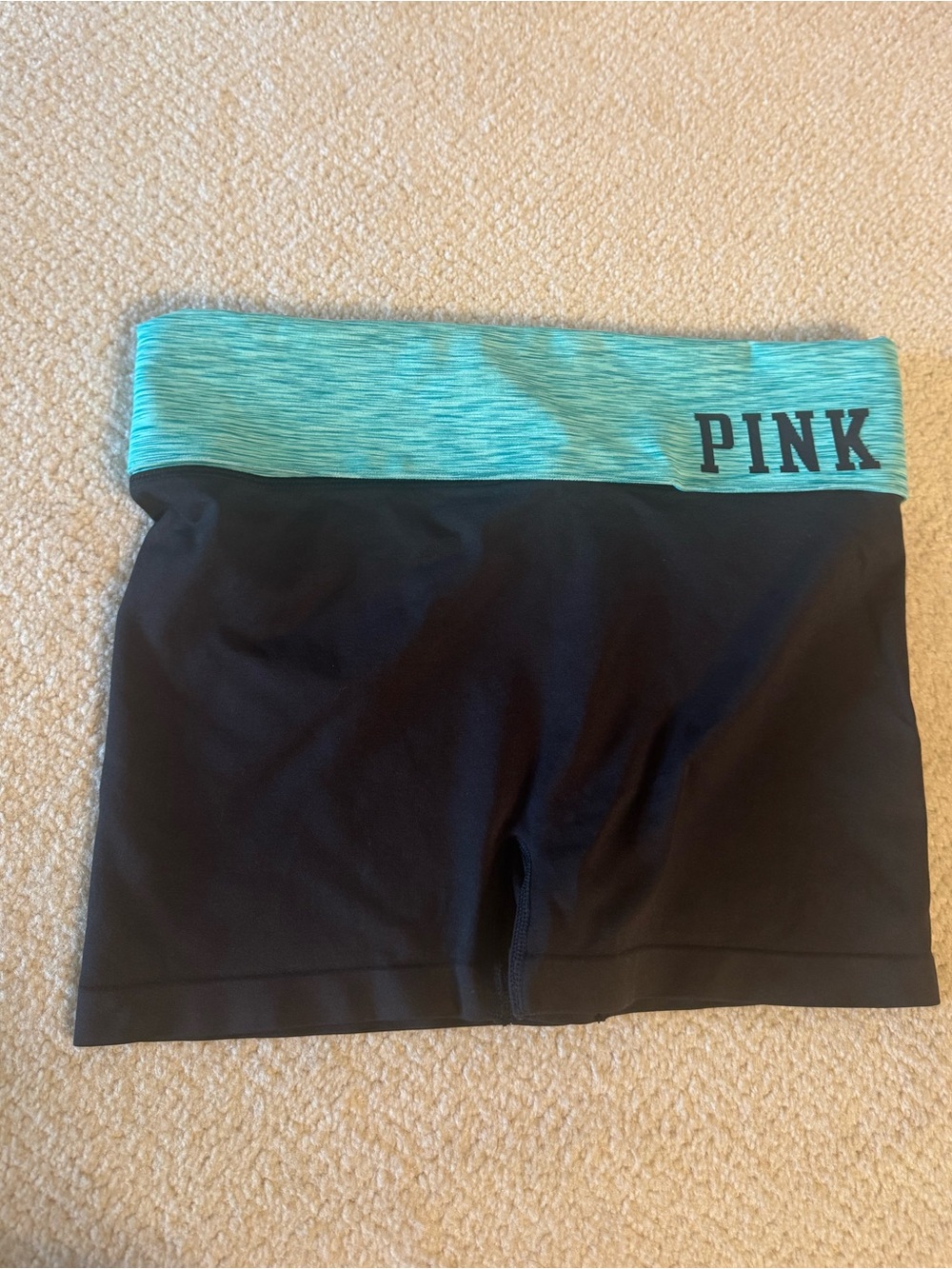 PINK Victoria's Secret Black Bike Shorts with Aqua Fold-Over Waistband